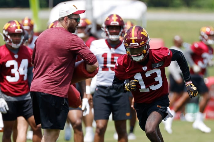 Washington Commanders cornerback Emmanuel Forbes Jr. (13) participates in drills during Commanders rookie minicamp at Commanders Park.
